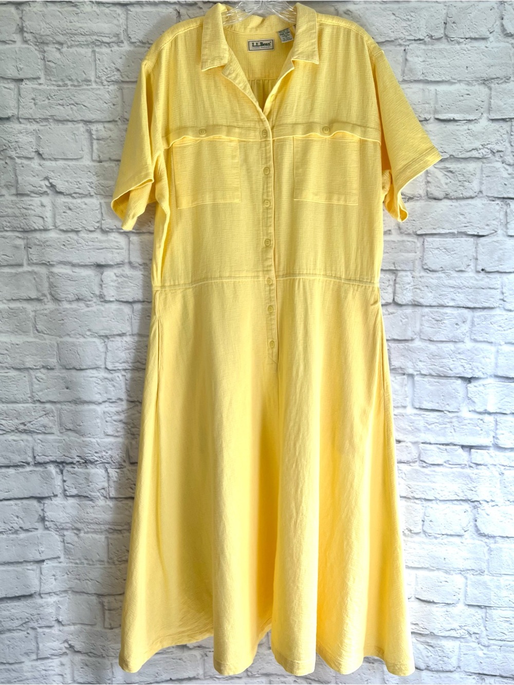 90’s Vintage L.L. Bean Cool Weave Yellow Button Front Shirtdress Size 18